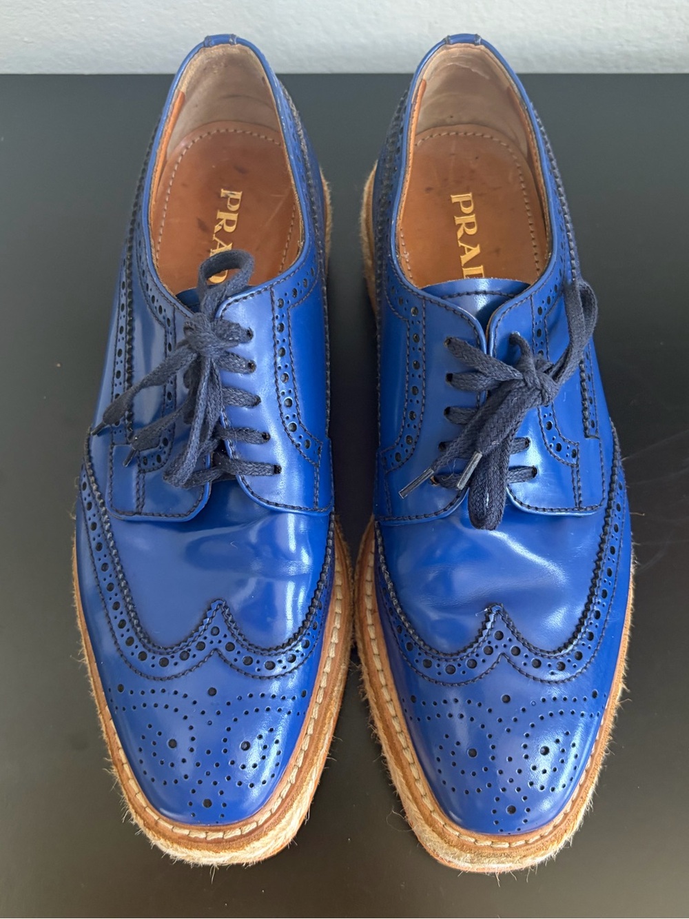 Prada oxford cobalt spazzolato leather upper with brogue size 5.5